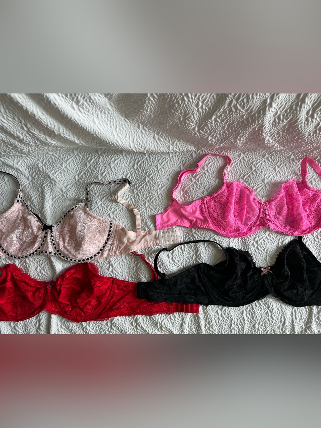 Victoria's Secret Lace Underwire Bra Set In Pink, Hot Pink, Red & Black